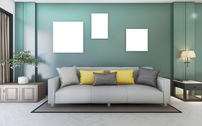 living room, modern interior design, stylish interior design, green walls in the living room, gray leather sofa, minimalism in the interior, HD wallpaper