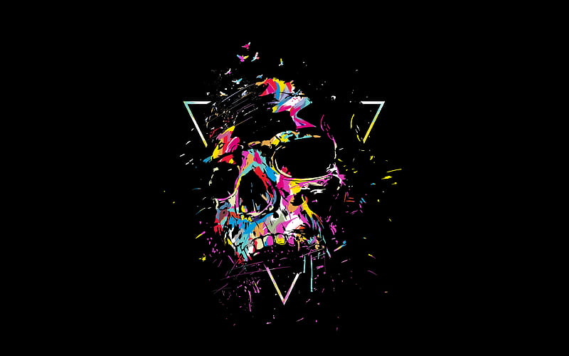 scary skull minimal, creative, artwork, background with skull, paint splashes, skull, HD wallpaper