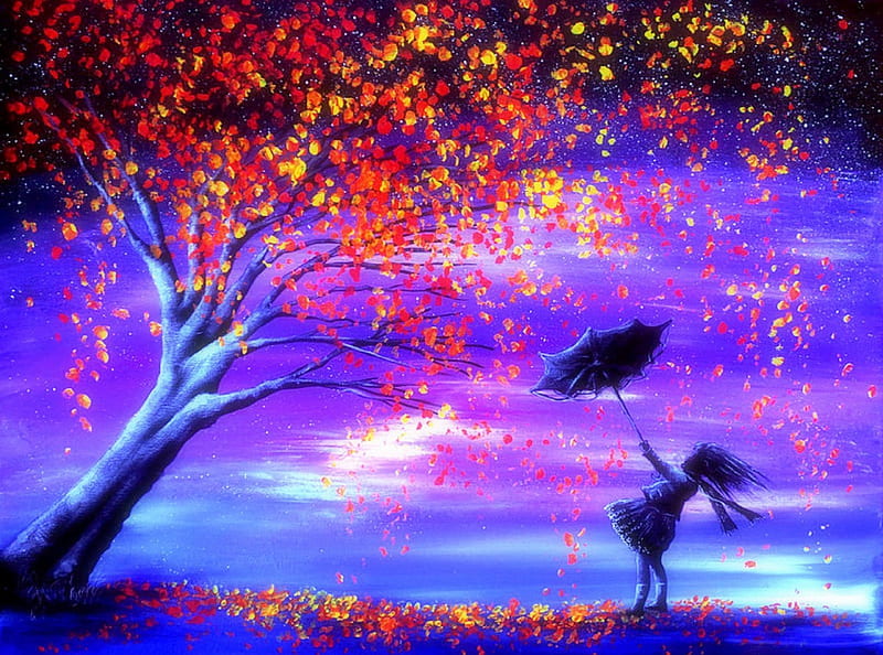 -Autumn in the Wind-, autumn, draw and paint, umbrella, attractions in dreams, love four season, most ed, seasons, leaves, paintings, landscapes, pink, traditional art, falls, fall season, wind, colors, love four seasons, creative pre-made, trees, girl, purple, breezes, weird things people wear, nature, HD wallpaper