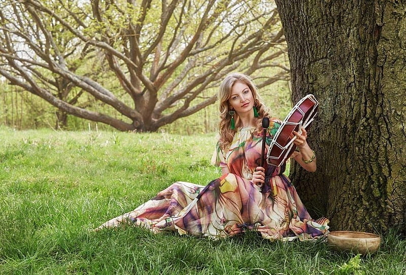 Instrumentalist Beauty, Jewelry, Trees, Intrument, Female, Drum, Musical, Floral Dress, Beauty, Smile, Drumstick, Long tresses, HD wallpaper