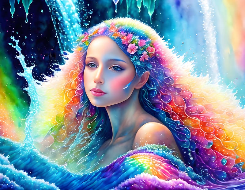 Rainbow Fall, lamamake, art, fantasy, , waterfall, girl, woman, colorful, digital, pretty, HD wallpaper