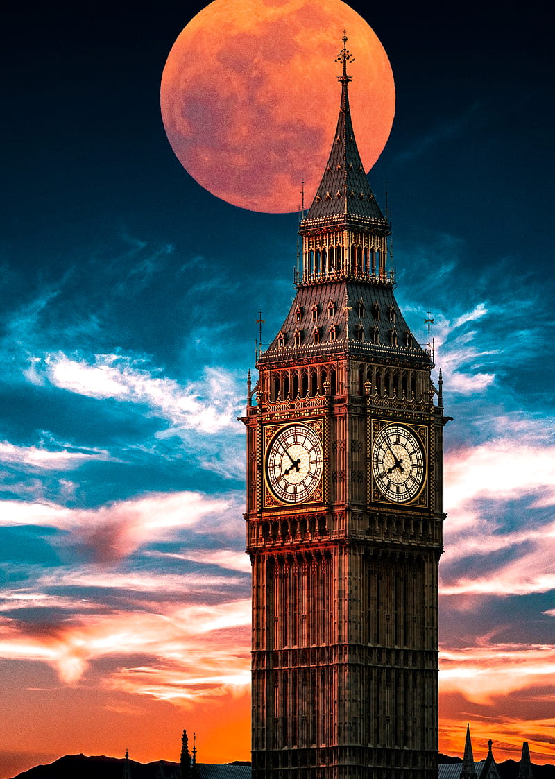 CLOCK TOWER , SHERIF, bloodmoon, blue, clock, cloud, light, moon, sunset, tower, HD phone wallpaper