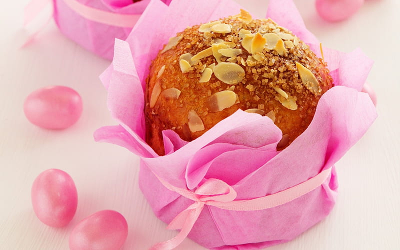 Happy Easter!, cake, egg, food, bow, easter, pink, dessert, sweet, HD wallpaper