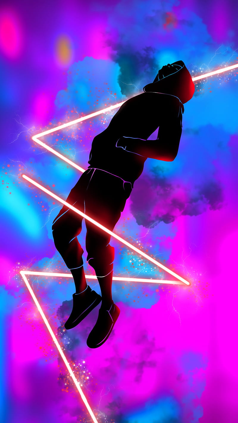 In the neon light, Silhouettes, abstract, black, blue, body, boy, cloud, colorful, dark, electric, electro, face, fall, figure, fly, flying, fog, guy, jump, lightning, magic, mask, ninja, pink, pose, power, purple, shadow, silhouette, smoke, soldier, sport, violet, wisdom, wizard, HD phone wallpaper