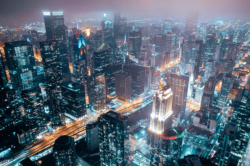 Night city, city lights, aerial view, buildings, architecture, night ...