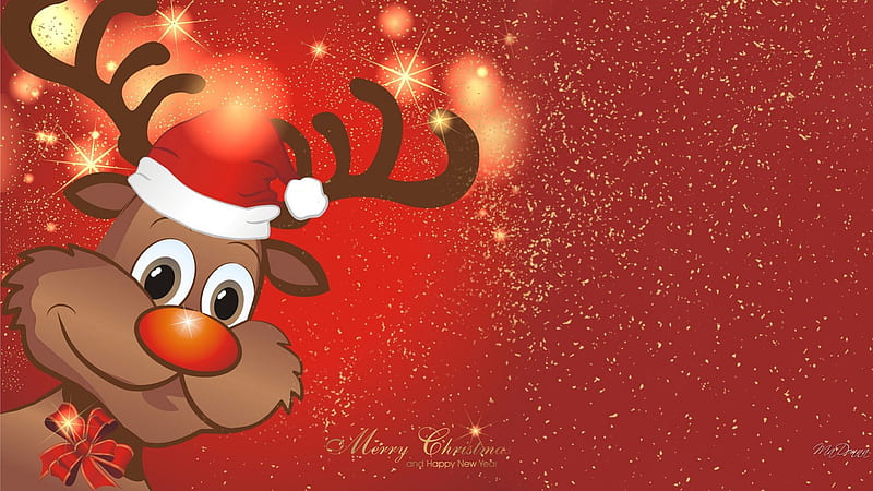 Bright Merry Christmas, red, Christmas, Feliz Navidad, cheerful, Rudolph, lights, cute, whimsical, bright, reindeer, HD wallpaper