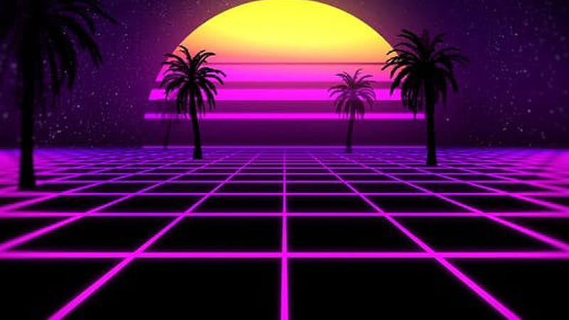 Dark Yellow Pink Moon Palm Trees Purple Lines Synthwave, HD wallpaper