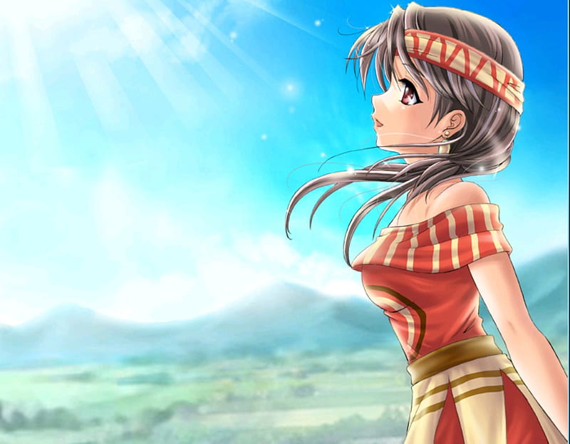Roca, female, scenic, indian, red indian, sky, sexy, cute, mountain, girl, anime, hot, anime girl, hill, scene, landscape, light, HD wallpaper