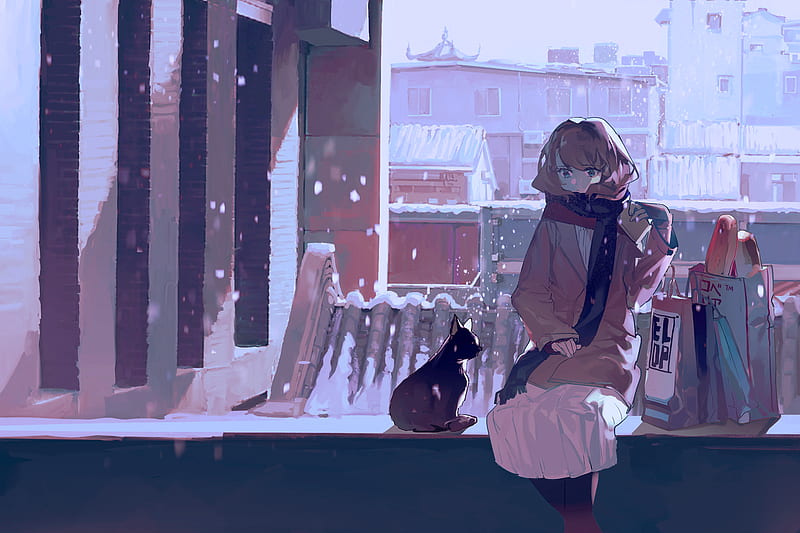 anime girl, chilling, cat, snow, coat, winter, scarf, Anime, HD wallpaper