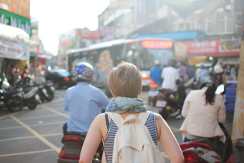 woman wearing backpack walking on road, HD wallpaper