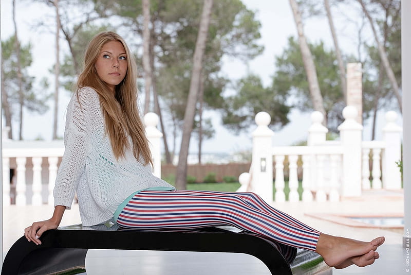 Anjelica Ebbi, red white and blue striped pants, white knit top, bare feet, fence, posing on bench, trees, HD wallpaper