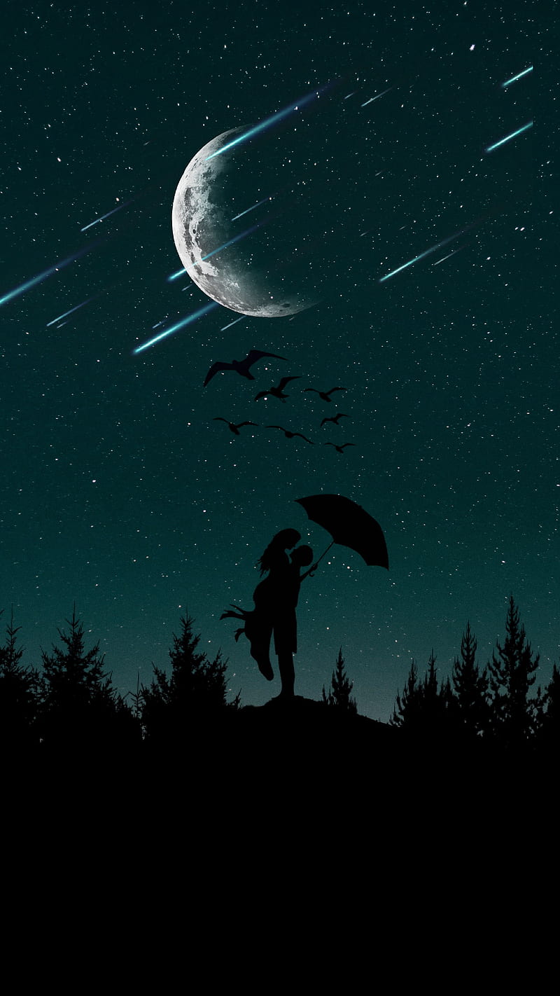 Couple Silhouettes Love , starry sky, umbrella, moon, trees, night, HD phone wallpaper