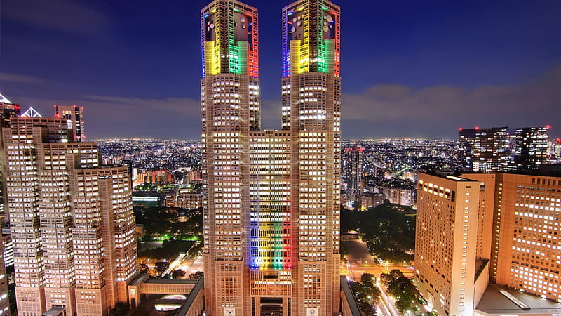 colorful lights in a tokyo skyscraper, city, colors, lights, night, skyscrapers, HD wallpaper