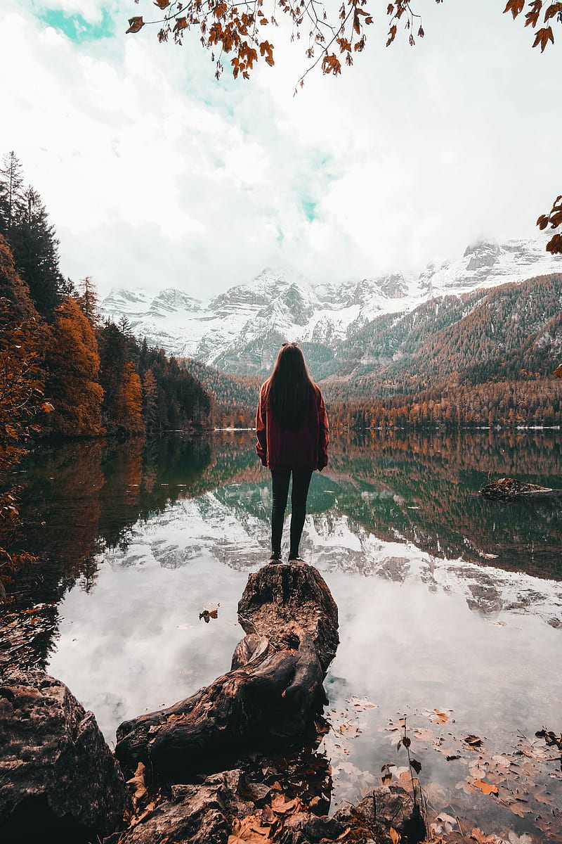 girl, alone, lake, mountains, nature, HD phone wallpaper