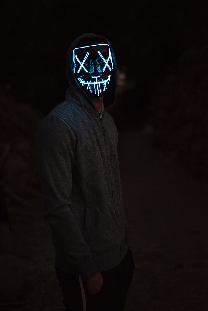 mask, neon, man, hoody, dark, HD phone wallpaper