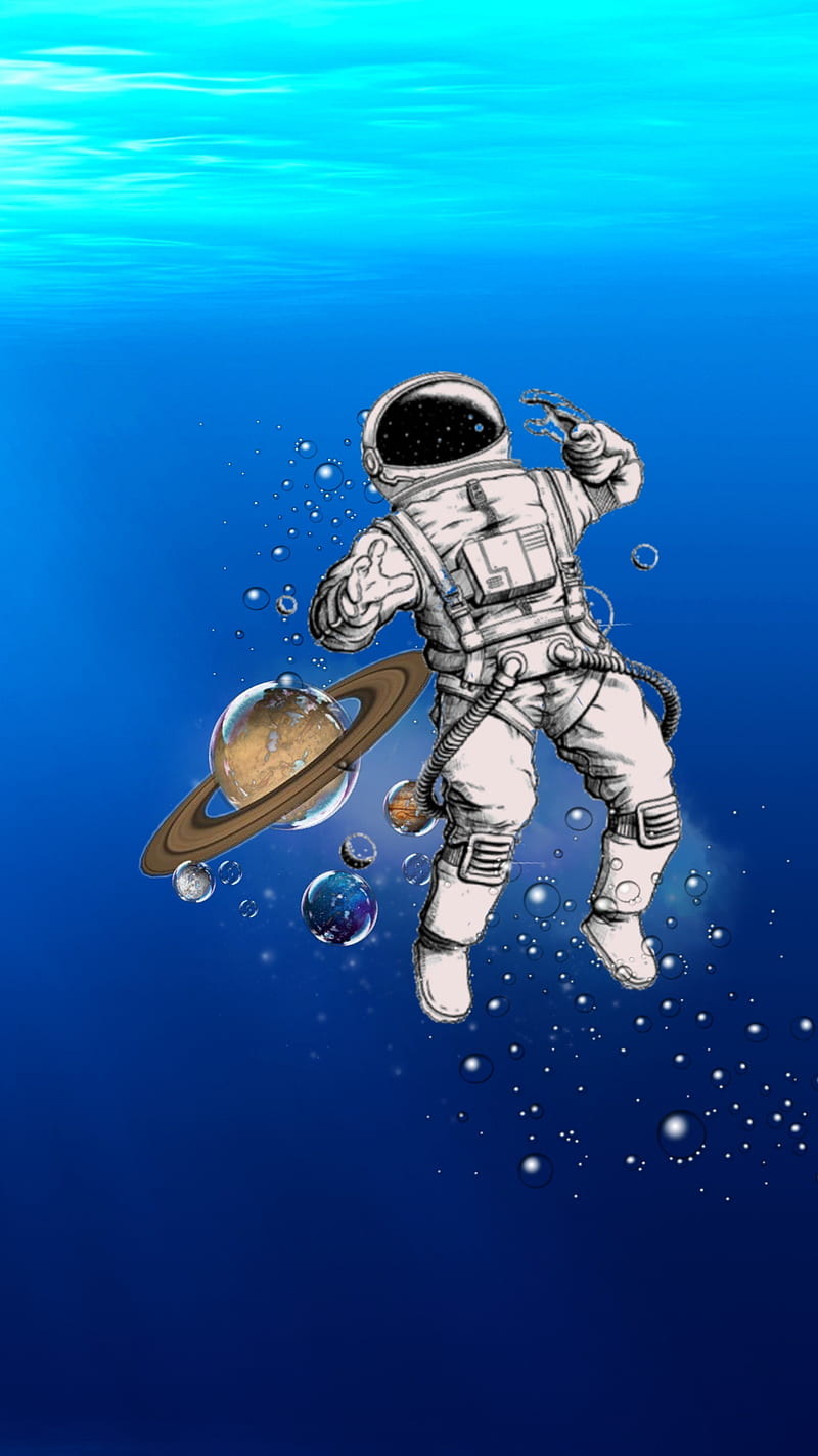 Ocean astronaut , blue, bubbles, floating, planets, HD phone wallpaper