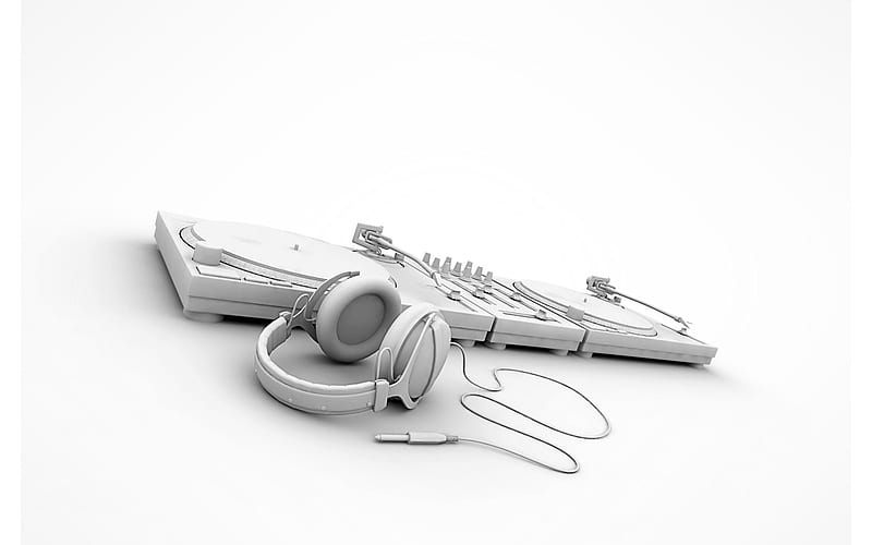 After the DJ Leaves..., 3d, music, turntable, headphones, white, abstract, mixer, HD wallpaper