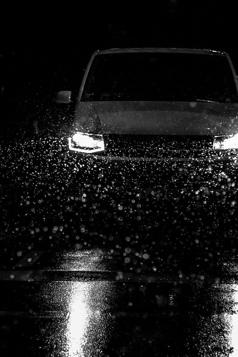 car, headlights, bw, rain, drops, HD phone wallpaper
