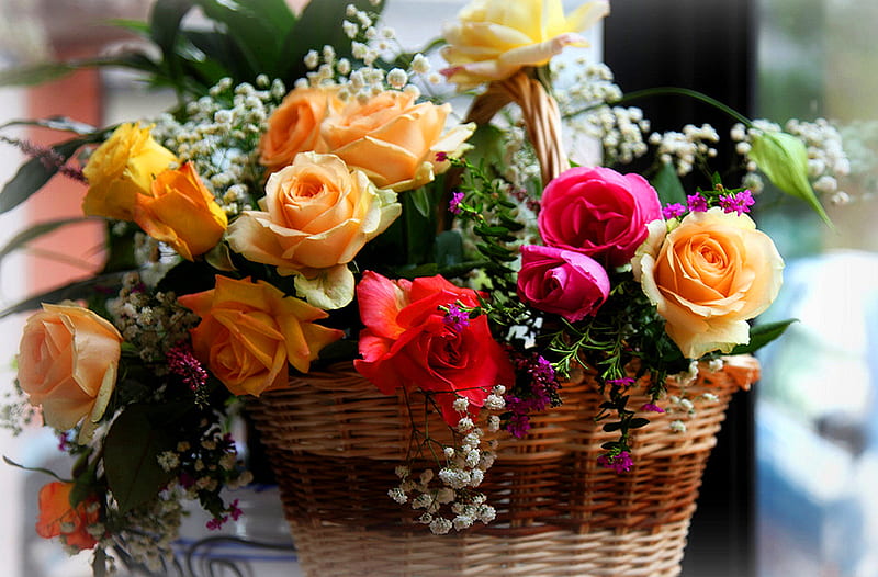 Flower basket, red, colorful, brown, wicker, yellow, spring, roses, babys breath, basket, flower, flowers, pinl, HD wallpaper