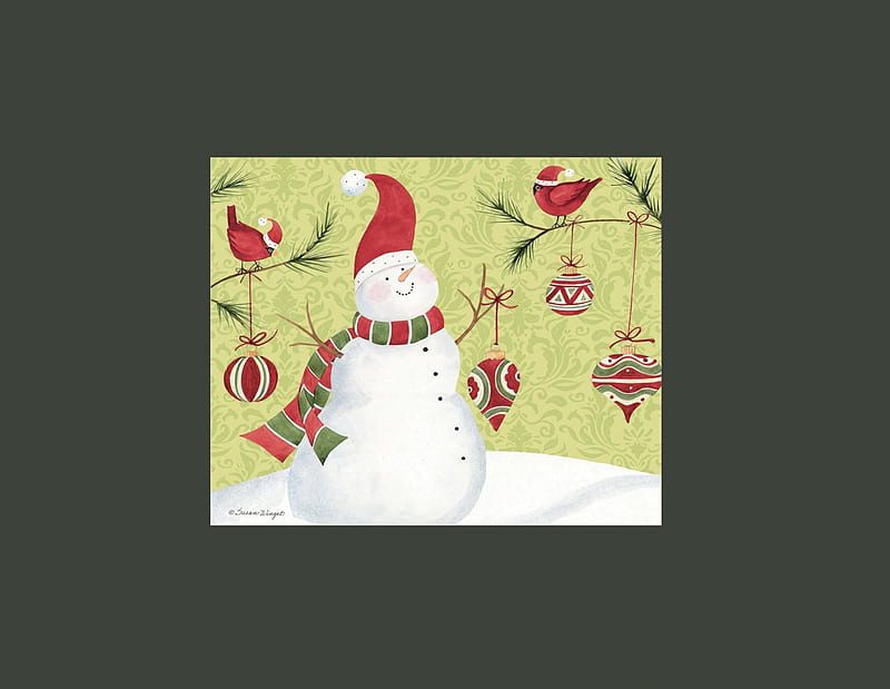 Decorating with friends, leaves, whimsical, snow, green, filigree, scarf, branches, white, red, ornaments, designs, red and green, circle, male cardinals, santa hats, polka dot, round, coal, snowperson, snowman, happy, cute, carrott, HD wallpaper