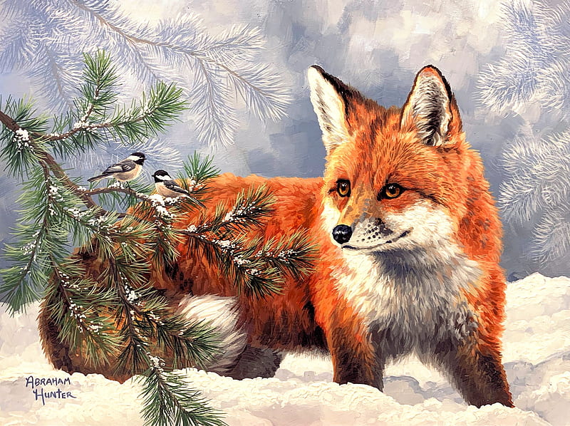 Snow Day, fox, winter, chickadees, painting, birds, artwork, HD wallpaper