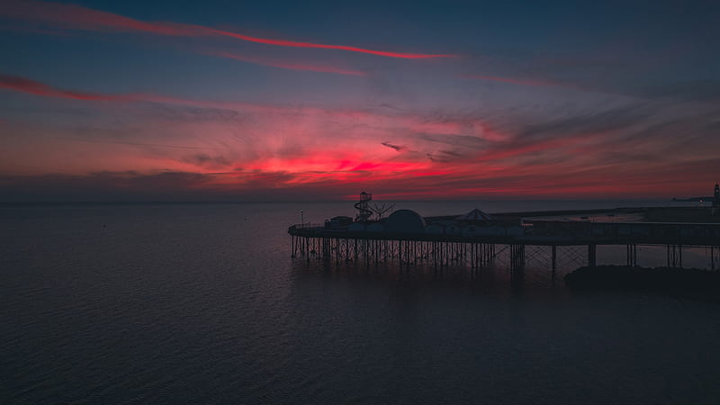 Pier On Body Of Water In Red Blue Clouds Sky Background Nature, HD wallpaper