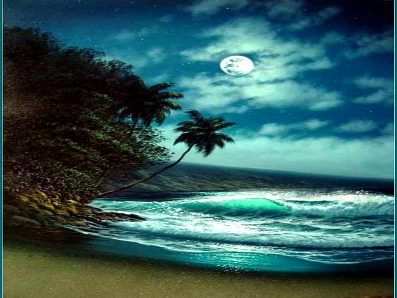 Serene night, moon, sky, sea, night, HD wallpaper