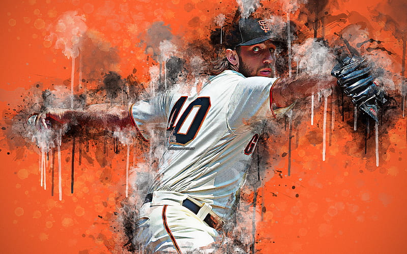 Madison Kyle Bumgarner art, American baseball player, portrait, creative art, grunge style, San Francisco Giants, MLB, Pitcher, orange grunge background, Major League Baseball, HD wallpaper