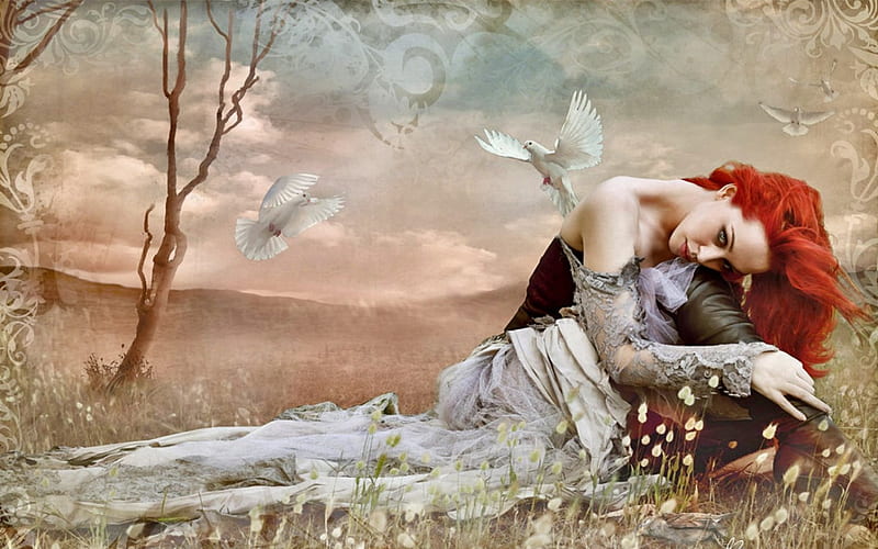 Landscape of Dreams, fantasy, gothic, redhead, dove, magic, women, HD wallpaper