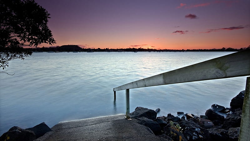 down to the river, shore, rail, river, sunset, ramp, HD wallpaper