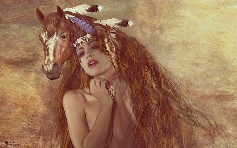 Alsoomse And Her War Horse, indian, Native, browns, bonito, Painting, horse, native woman, softness, HD wallpaper