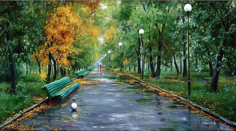 Oleg buoys. The beginning of autumn. wet alley, art, autumn, tree, painting, oleg buoys, nature, park, HD wallpaper