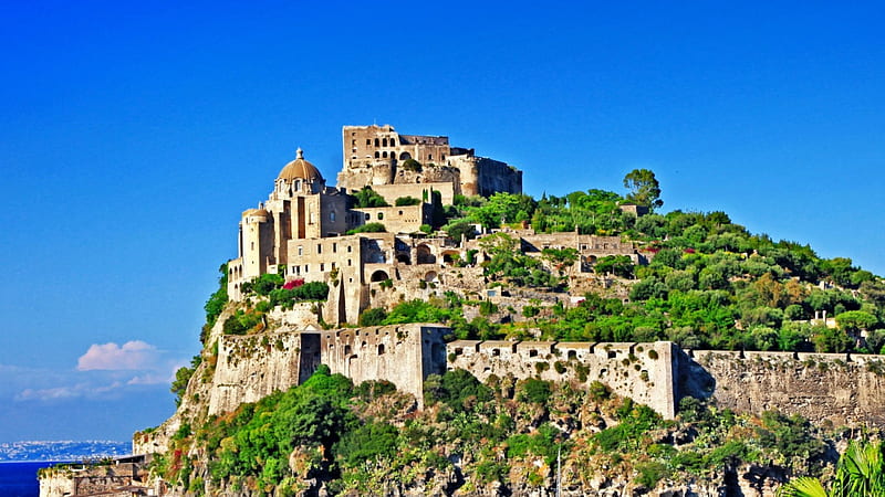 aragonese castle on ischia in the gulf of naples, island, trees, castle, harbor, HD wallpaper