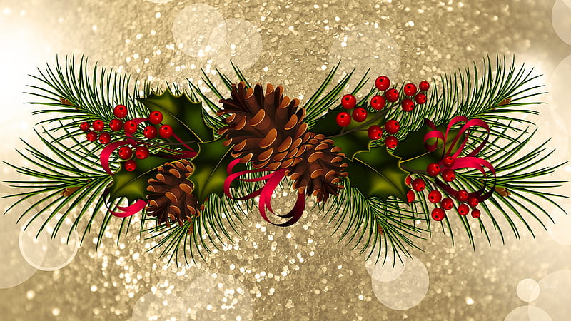 Pine & Holly, holly, ribbons, Firefox theme, Christmas, New Years, holiday, Feliz Navidad, winter, pine cones, leaves, pine, berries, gold glitter, HD wallpaper