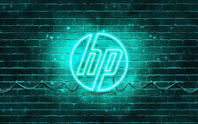 HP turquoise logo turquoise brickwall, Hewlett-Packard, HP logo, HP neon logo, HP, Hewlett-Packard logo, HD wallpaper