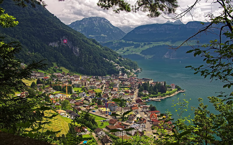 Gersau, mountain, summer, Lake Lucerne, amazing nature, Switzerland, HD wallpaper