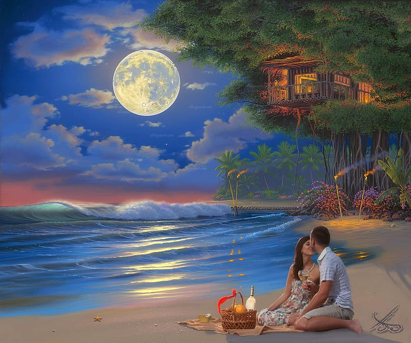 Moonlit Picnic in Paradise, moons, love four seasons, attractions in dreams, picnic, lovers, paintings, paradise, beaches, summer, nature, couple, HD wallpaper