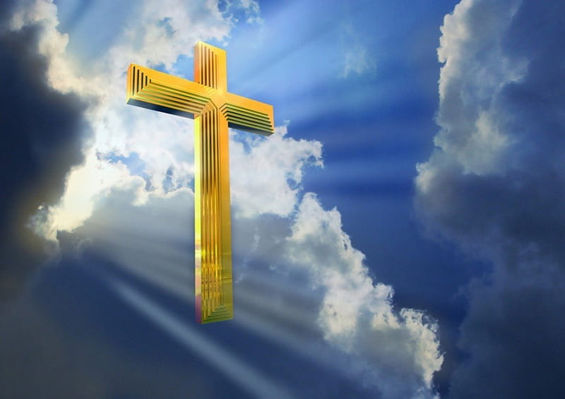 Jesus Cross in Heaven, gold, sun, rays, heaven, lord, clouds, cross, sky, HD wallpaper