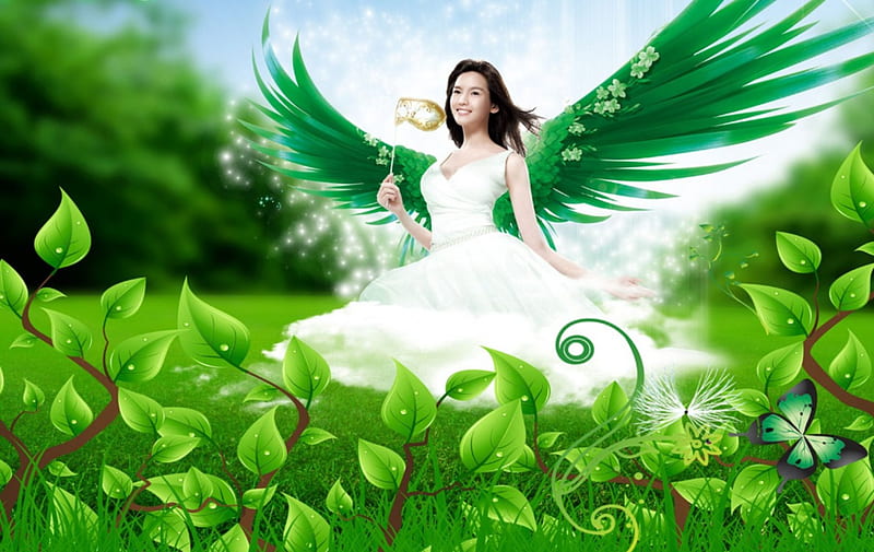 Green Angel, wings, grass, bonito, butterfly, girl, green, nature, white, mask, HD wallpaper