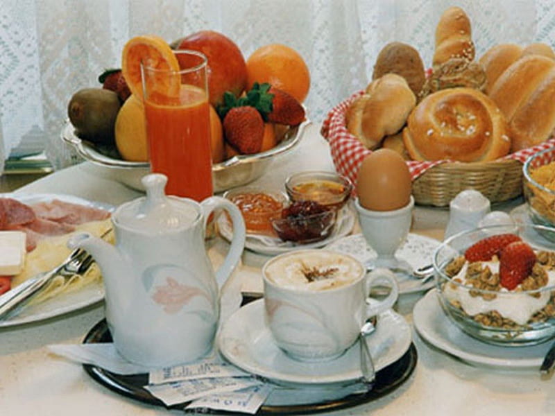 Good Morning, spoon, sweets, sugar, Cutlery, fruit, pastries, coffee, eggs, cup, HD wallpaper
