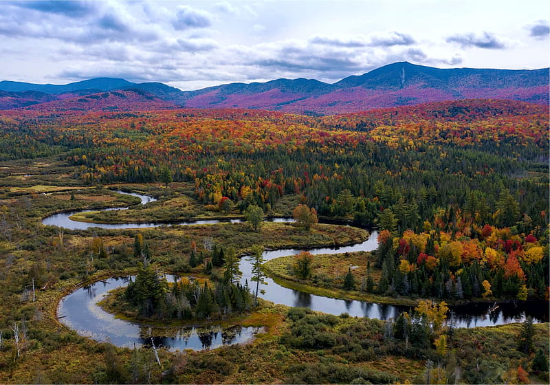 Meaning rivers and oxbow lakes. Fall in the Adirondack Mountains, NY, sky, trees, usa, mountains, clouds, HD wallpaper