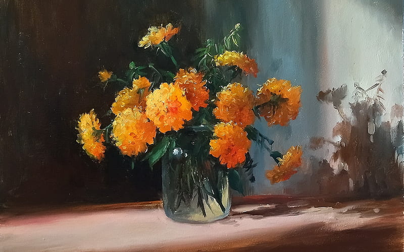 Marigolds, glass, shadow, painting, HD wallpaper