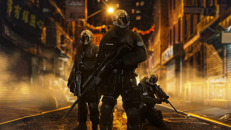 futuristic soldiers, mask, rifle, street, helmet, Sci-fi, HD wallpaper