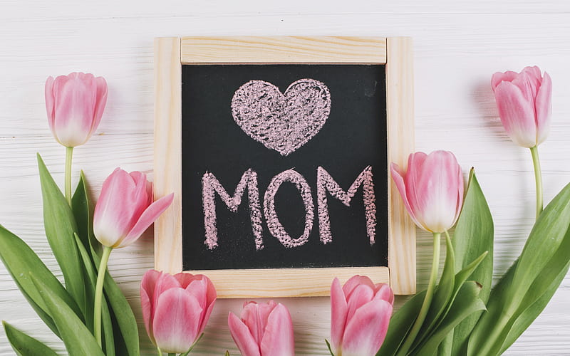 I love my mother, congratulations, postcard, Mother's Day, International Day, pink tulips, spring, HD wallpaper