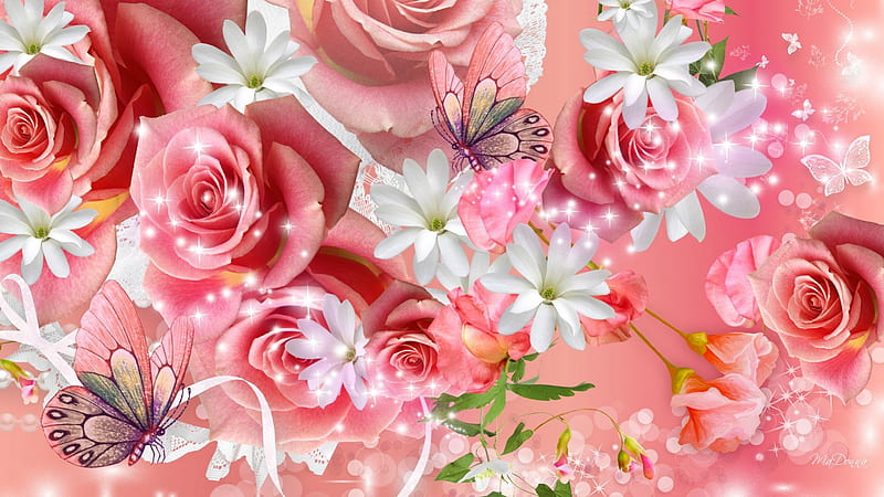 Roses and Butterflies Pink, flowers, rose, plumeria, butterflies, roses, frangipani, bright, summer, blossoms, papillon, flowers, blooms, pink, HD wallpaper