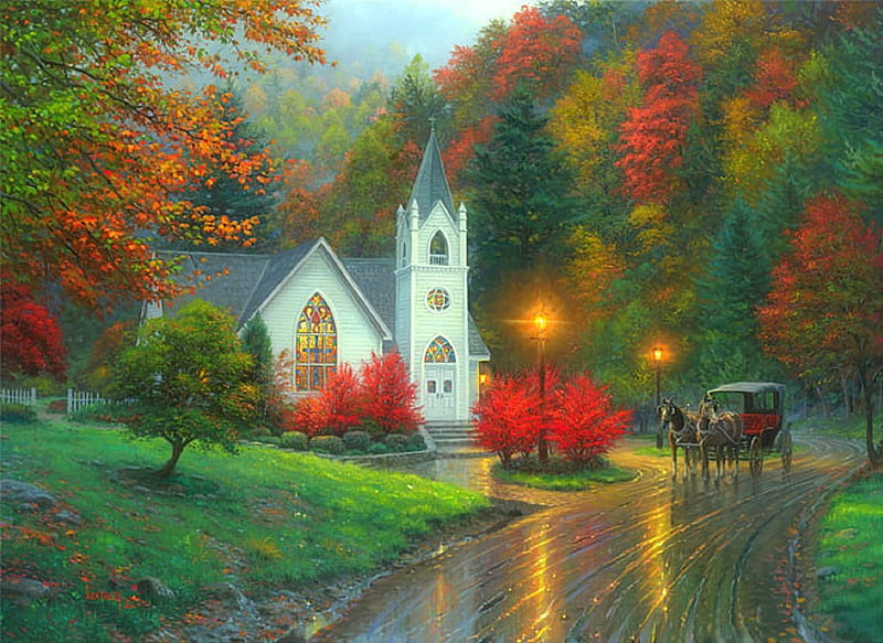 ★Autumn Chapel★, colorful, autumn, carriage ride, seasons, paintings, people, churches, drawings, traditional art, fall season, ancient, colors, love four seasons, creative pre-made, trees, roads, weird things people wear, nature, HD wallpaper
