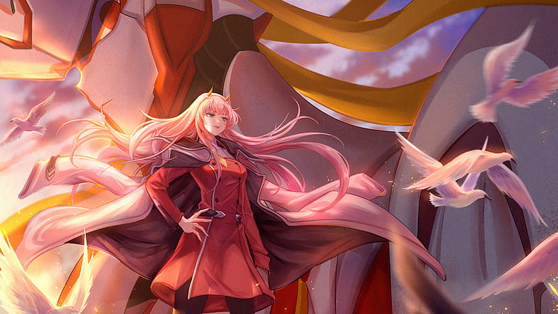 Darling In The FranXX Zero Two Hiro Zero Two With Red Dress And Long Pink Hair And Flying Birds Anime, HD wallpaper
