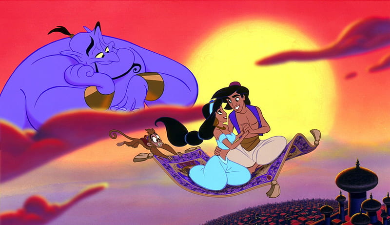 Aladdin, Disney, Cartoon, Genie, Jasmine, HD wallpaper