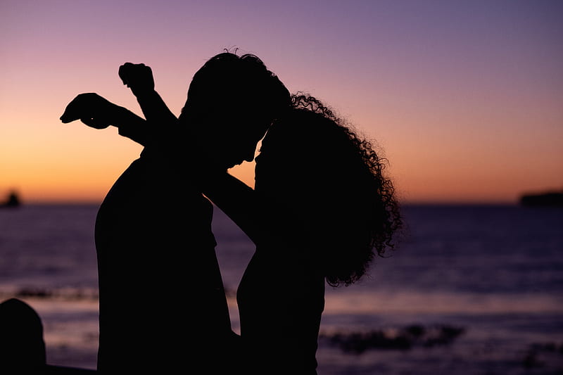 love, couple, silhouette, sunset, sea, HD wallpaper