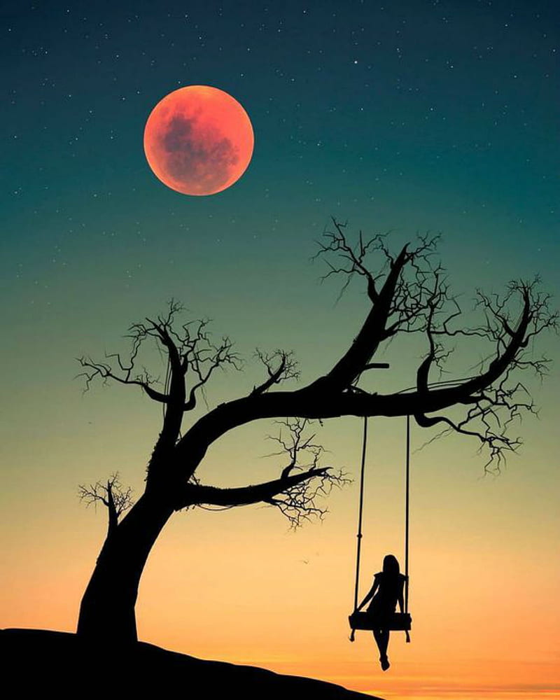 Lonely branch, girl, swing, alone, moon, blood moon, tree, silhouette, lonely, nightfall, HD phone wallpaper